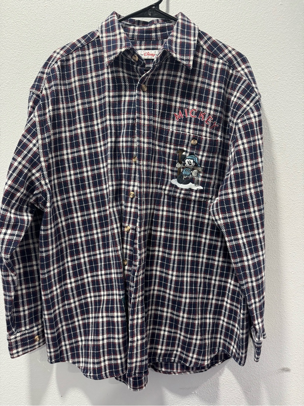 Disney Men’s Navy, White & Red Plaid Button-Down Shirt with Mickey Embroidery